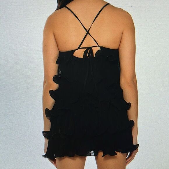 New! AKIRA SWEETIE PLEATED RUFFLE SLEEVELESS MINI DRESS IN BLACK Size M - Picture 3 of 16